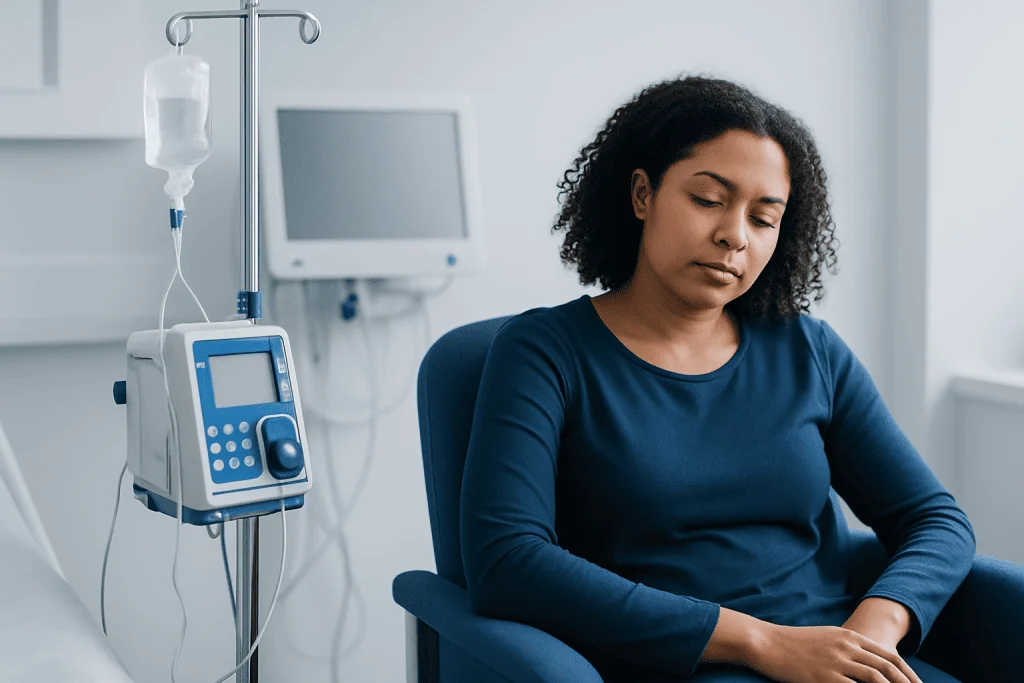 Woman in hospital room with IV drip and medical monitor.