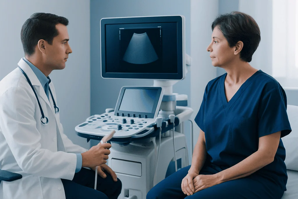 Doctor explaining ultrasound results to a patient in a medical clinic.