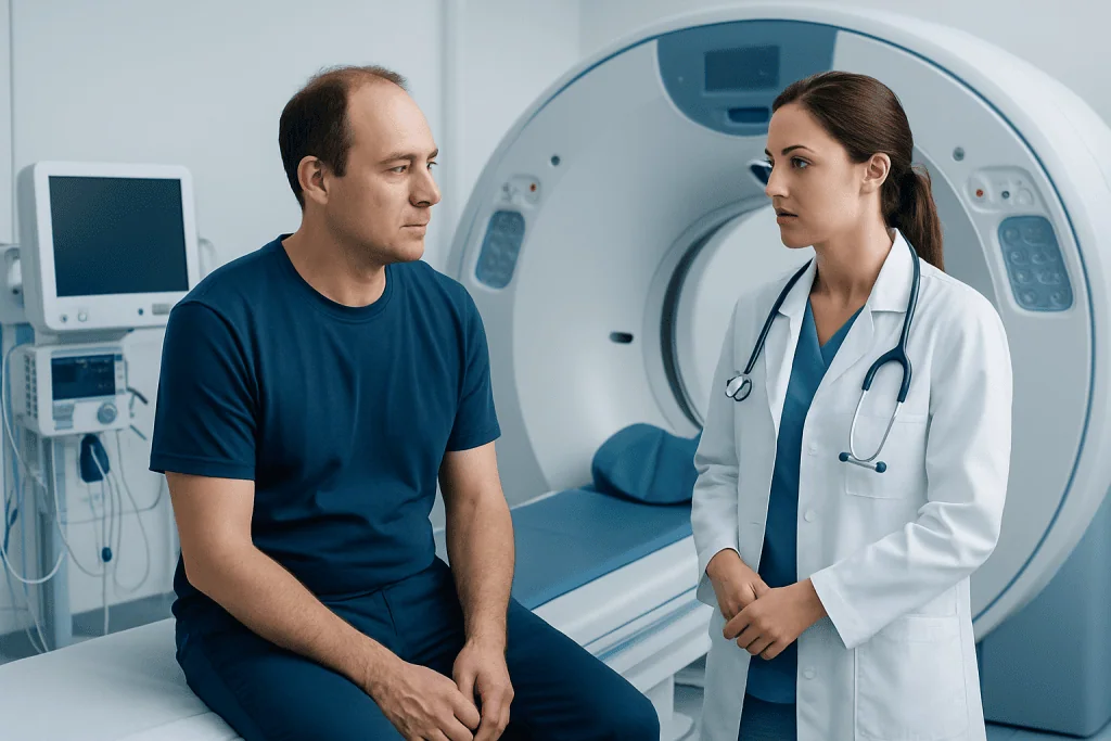 Doctor consulting with patient in hospital MRI room.