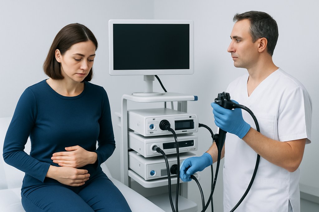 Doctor performing endoscopy on a patient in a medical clinic.