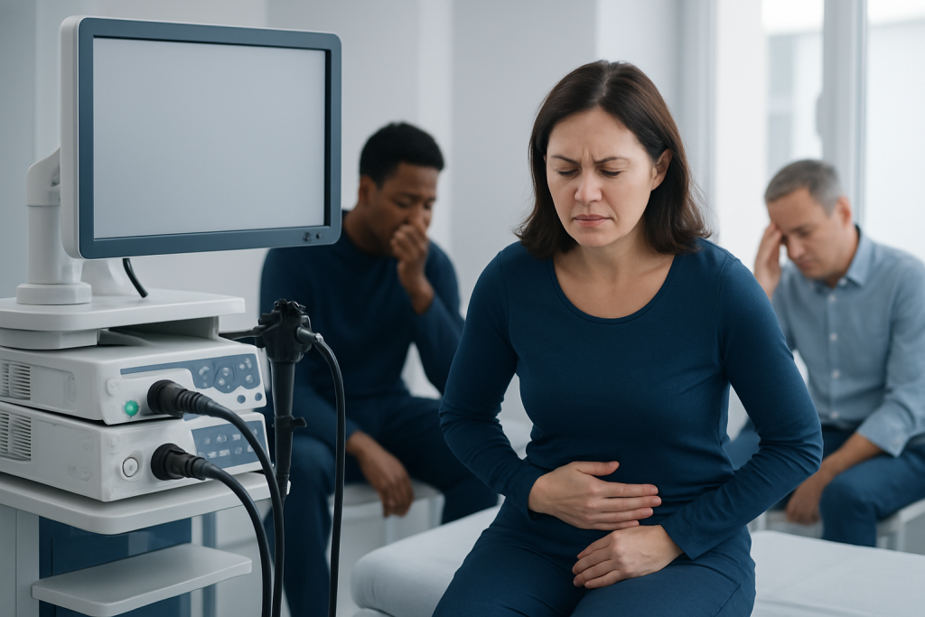 Woman experiencing stomach pain in a medical consultation room.