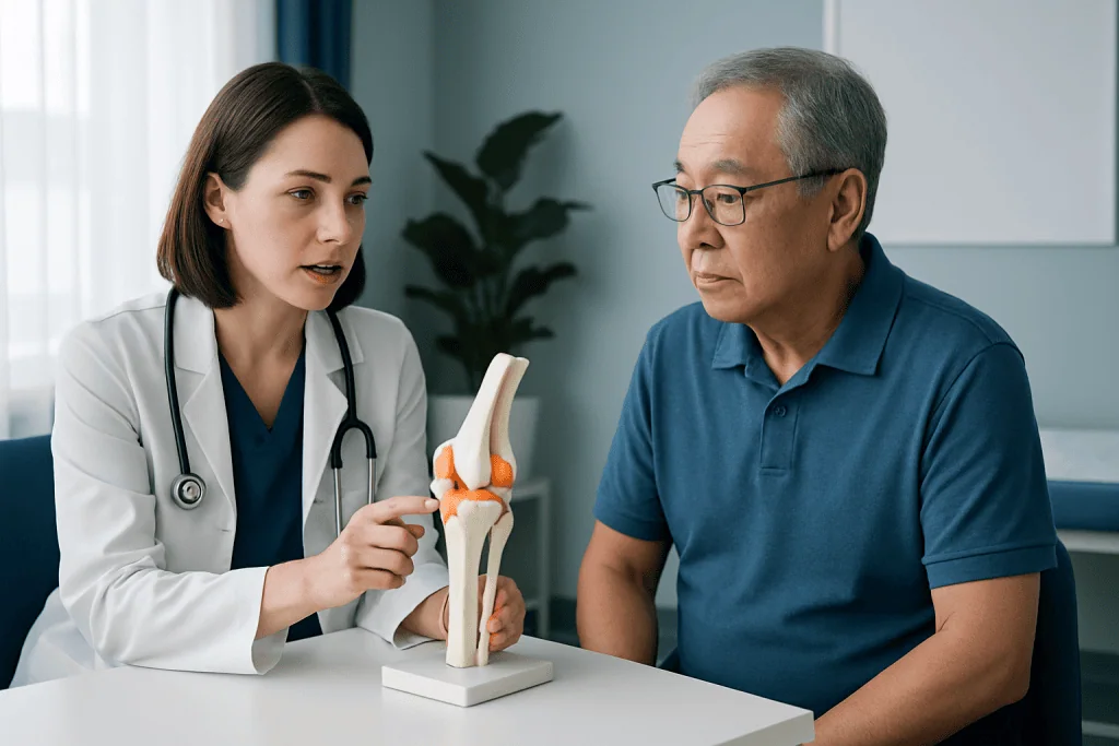 Doctor explains knee joint anatomy to patient using model at clinic.
