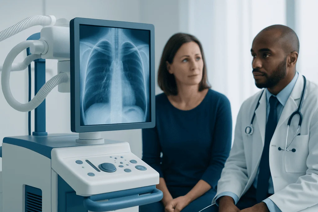 Doctor reviewing chest X-ray with patient in a medical consultation room.