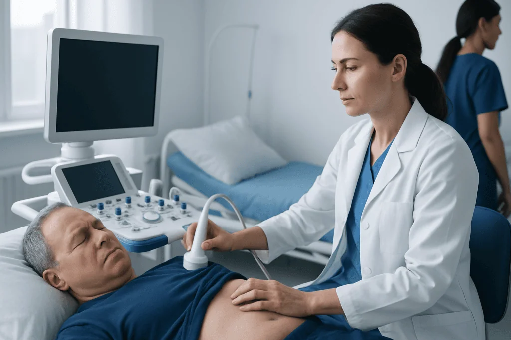 Doctor performing an ultrasound on a male patient in a hospital room.