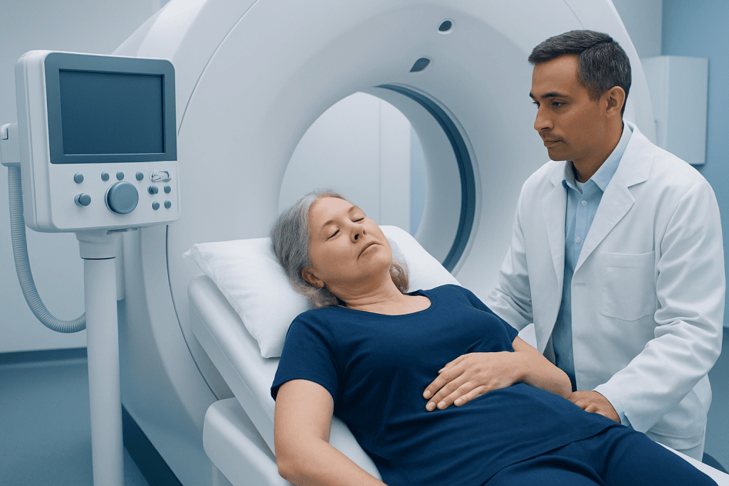 Doctor with patient in MRI scan room at Acibadem Hospital.
