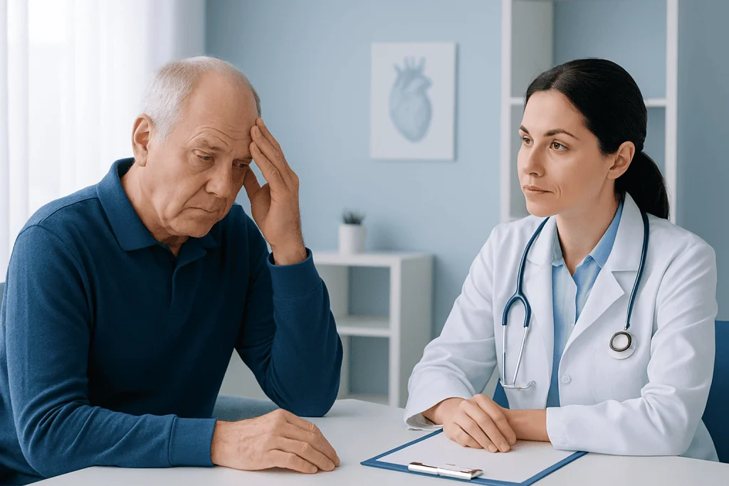 Senior man feeling anxious during a medical consultation at Acibadem Hospital.
