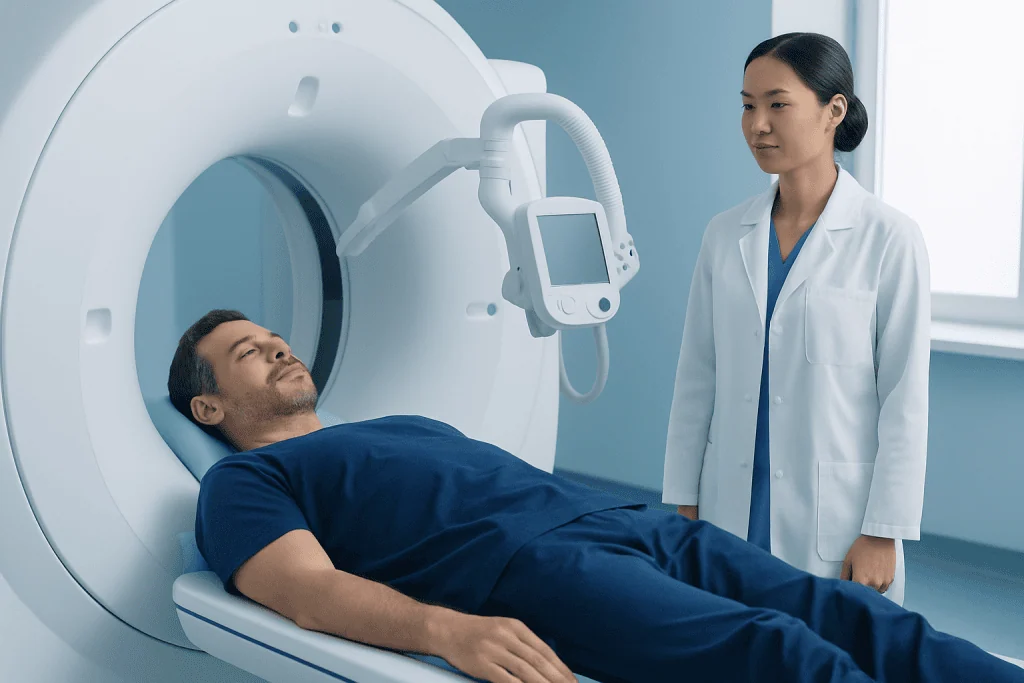 Patient undergoing a CT scan in a medical facility.