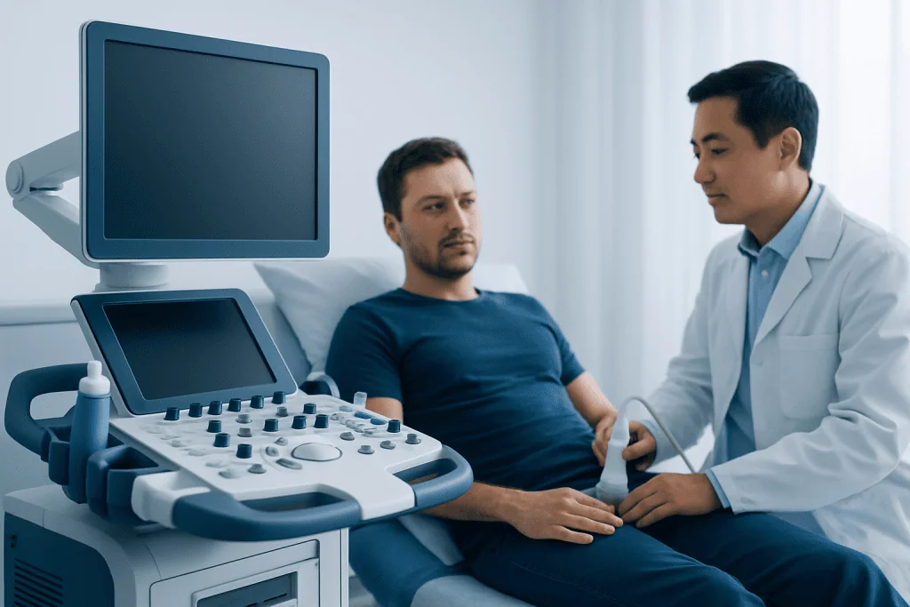 Doctor performing testicular ultrasound on patient in hospital room.