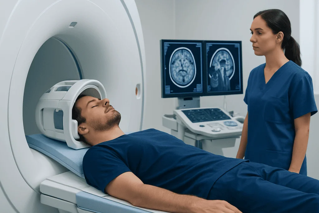 Patient undergoing brain MRI scan at Acibadem Hospital.