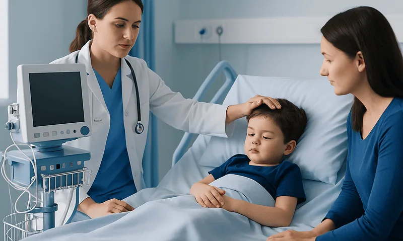 Childhood Fever: When to See a Doctor 15 Doctor examining a child's forehead in hospital room.