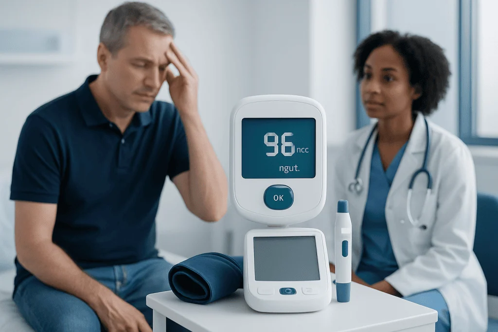 Man experiencing headache during blood sugar test at hospital.