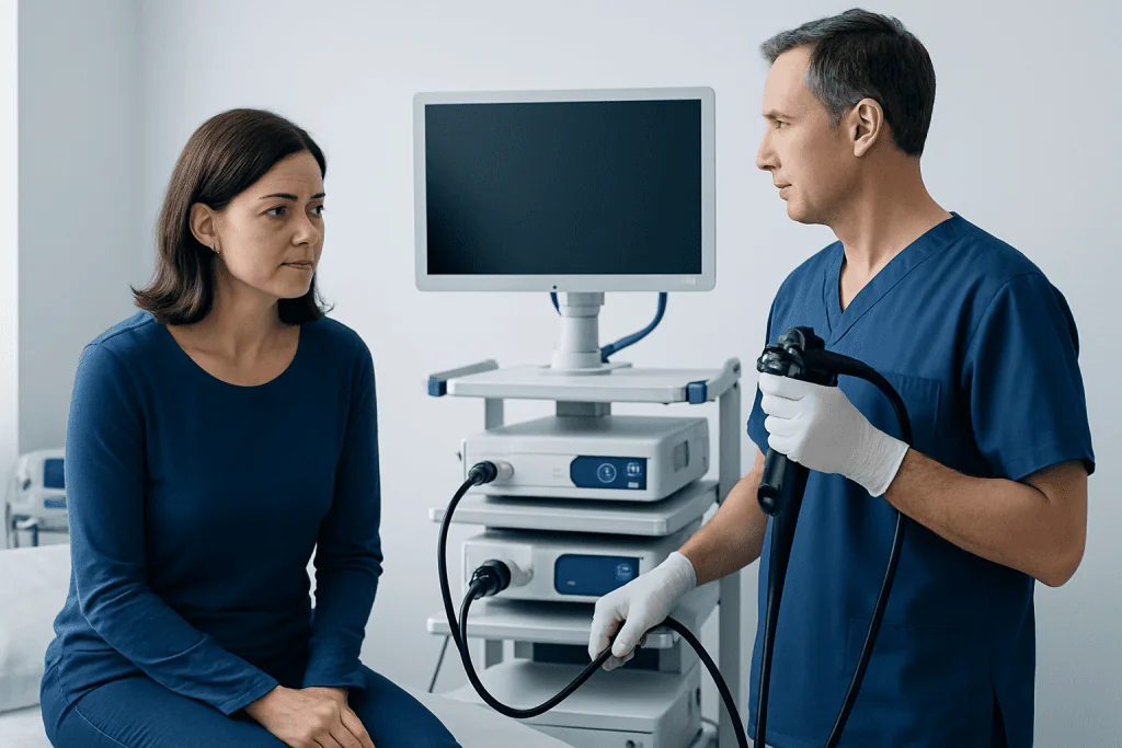 Gastroenterologist explaining procedure to patient in clinic.