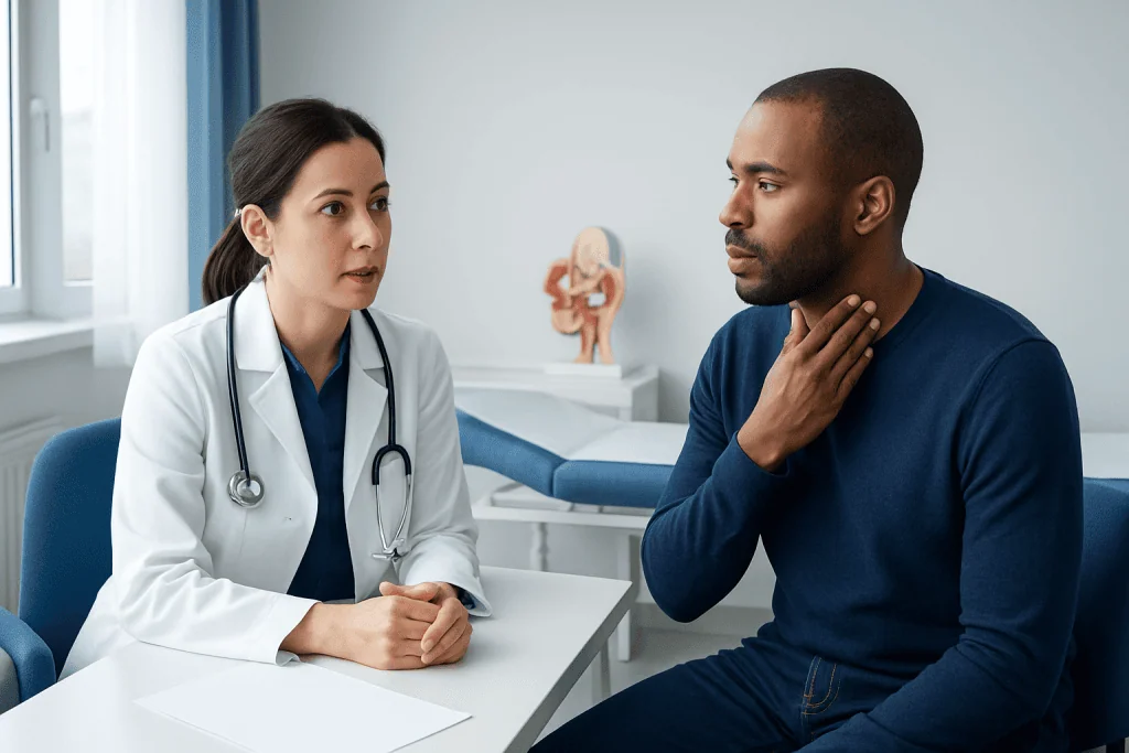 ENT specialist consulting a patient about ear, nose, and throat health.