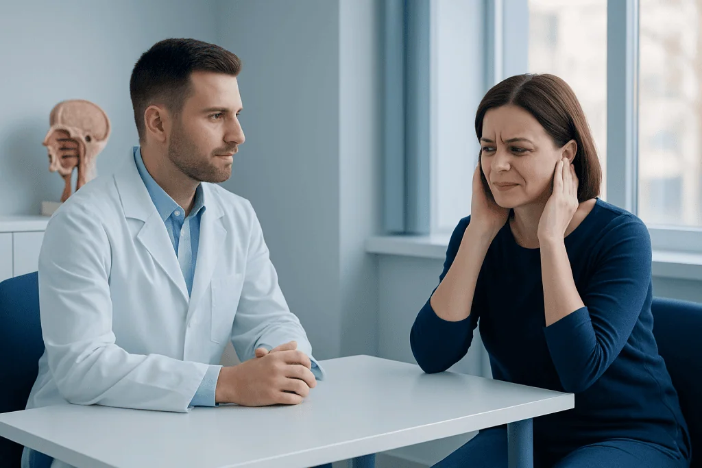 ENT specialist consulting a patient with ear pain or discomfort.