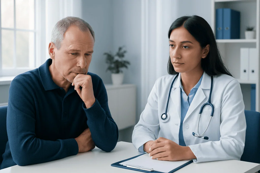 Doctor consulting with middle-aged male patient in a medical office.