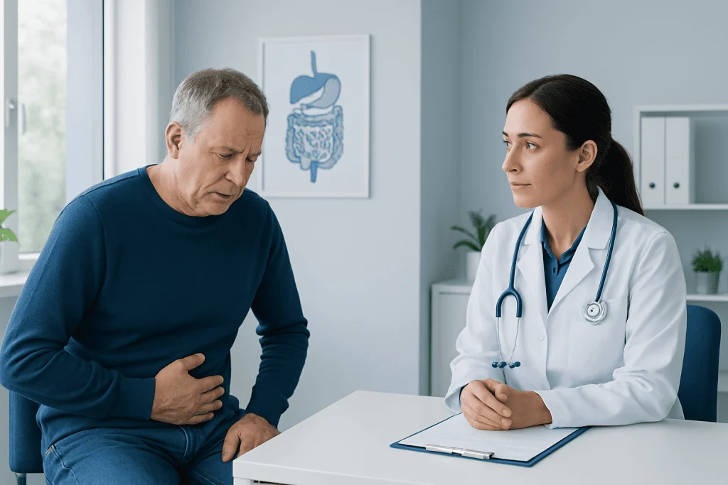 Gastroenterology consultation with doctor and patient in clinic.