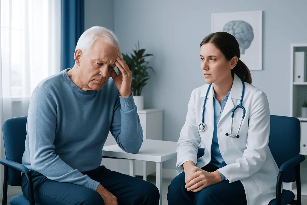 Elderly man consulting with a neurologist about neurological health.