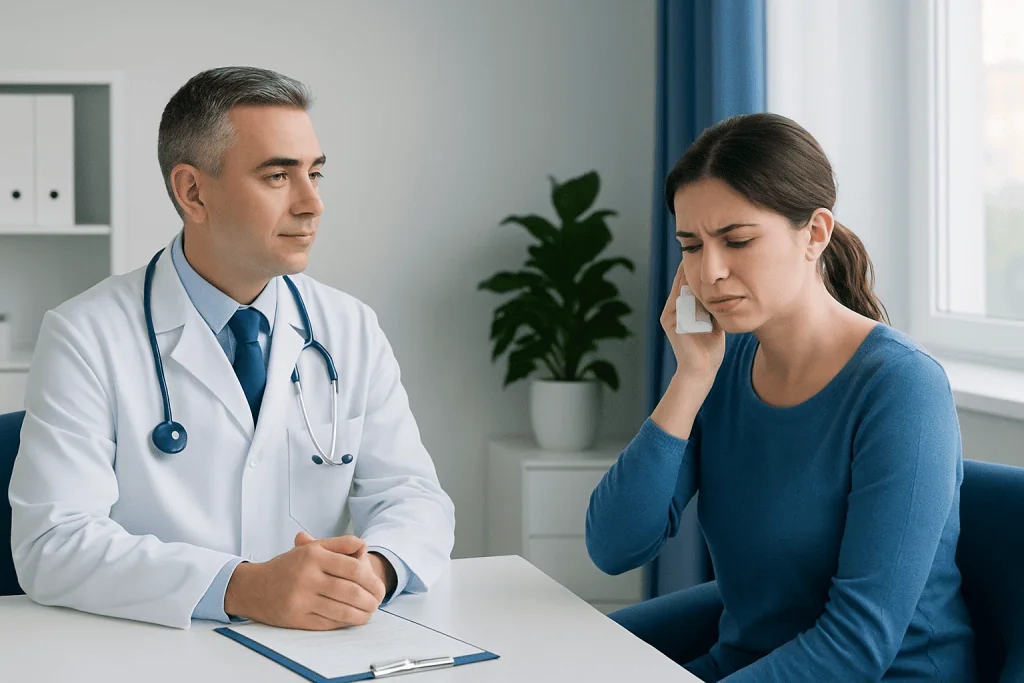 Doctor consulting with a woman about ear pain and nose blowing issues.