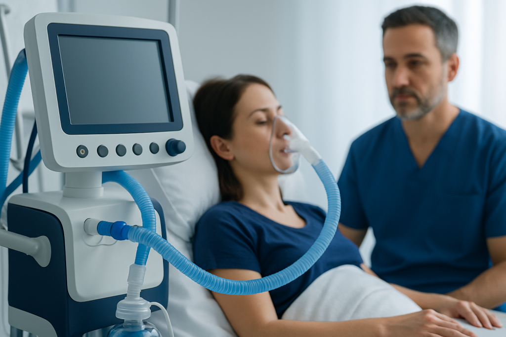 Patient receiving oxygen therapy in hospital bed at Acibadem Hospital.