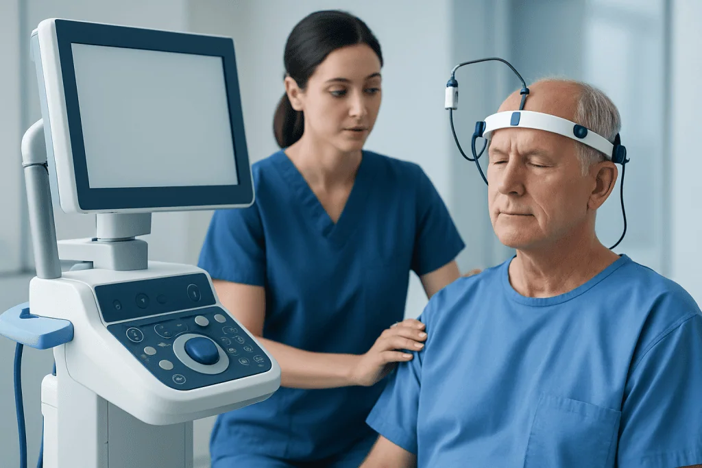 Doctor performing a neurological exam on a patient with a headband device.