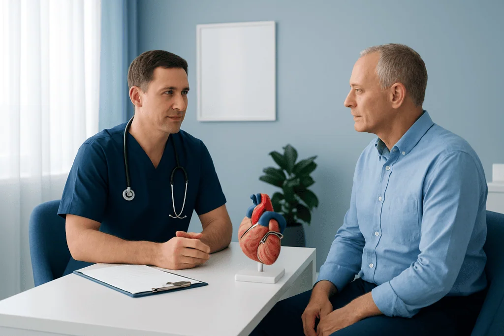 Cardiologist explaining heart health to patient in clinic.