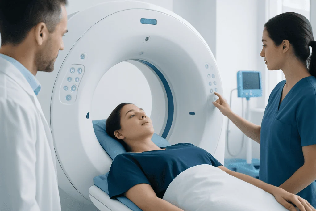 Patient undergoing a CT scan in a hospital setting with medical staff present.