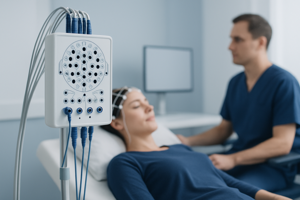 Patient undergoing EEG test in a hospital setting with medical staff present.