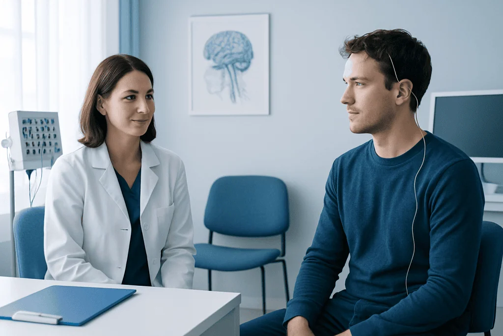 Doctor and patient during a clinical neurophysiology consultation at Acibadem Hospital.