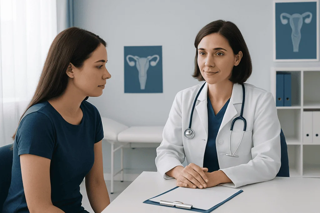 Female patient consulting with a doctor in a gynecology clinic.