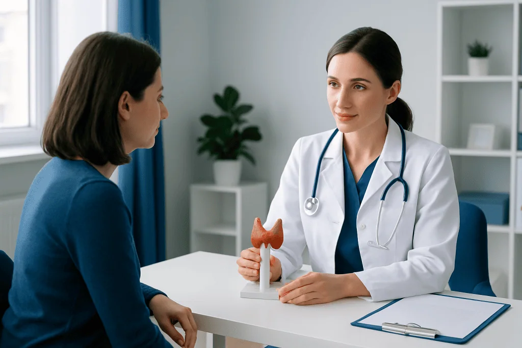 Endocrinologist consulting patient about thyroid health at clinic.