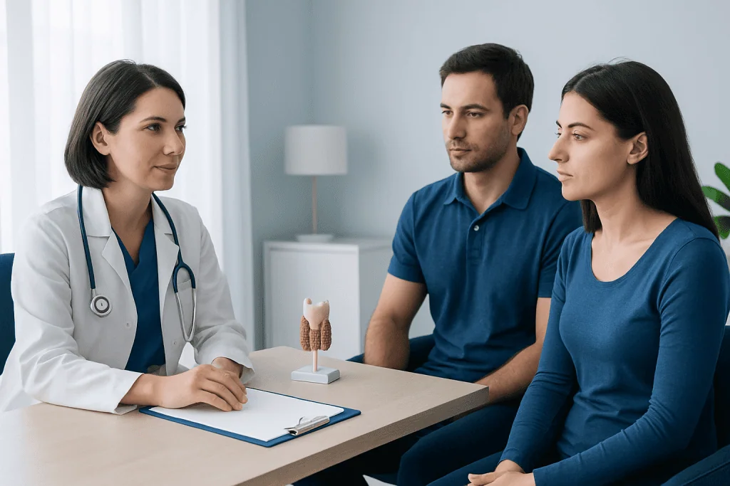 Doctor discussing thyroid health with a couple in a consultation room.
