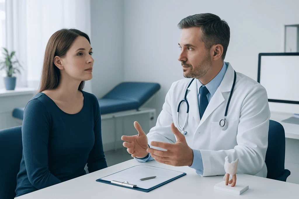 Doctor explaining thyroid health to a patient in a clinic setting.