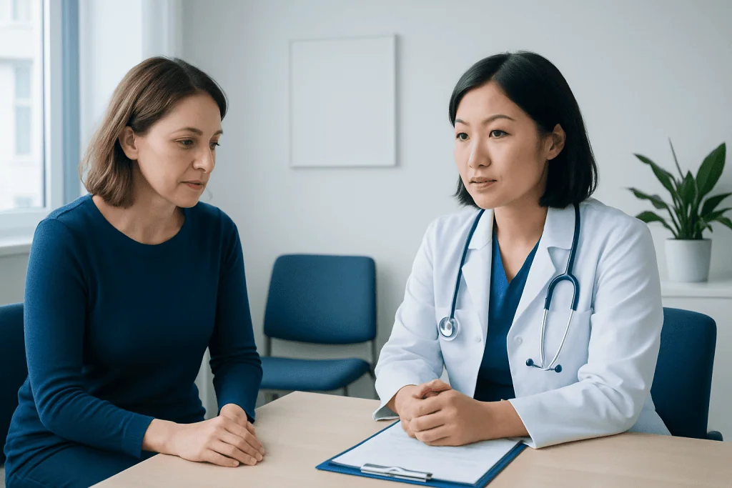 Doctor consulting with a female patient in a medical office.