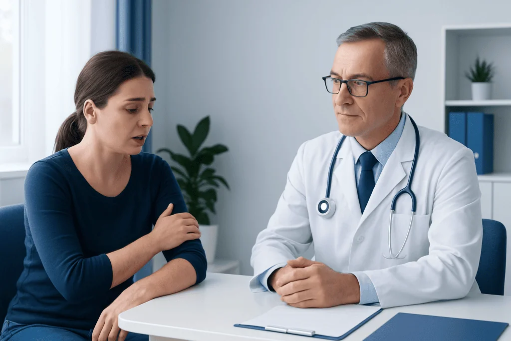 Doctor consulting with a patient about eczema triggers and skin care.