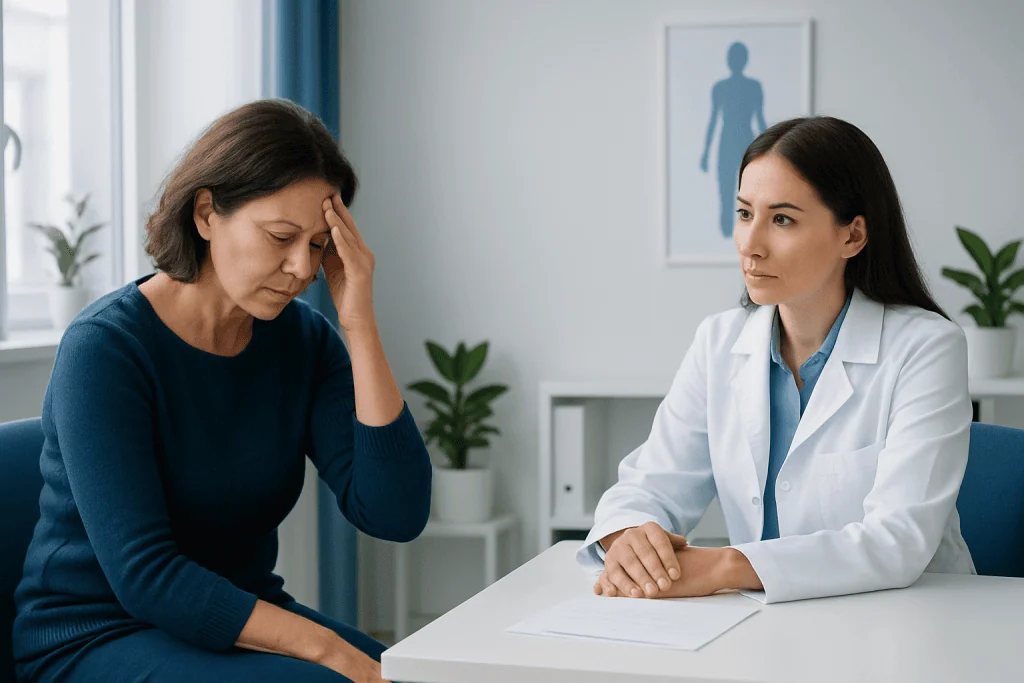 Woman experiencing headache consulting with doctor in clinic.