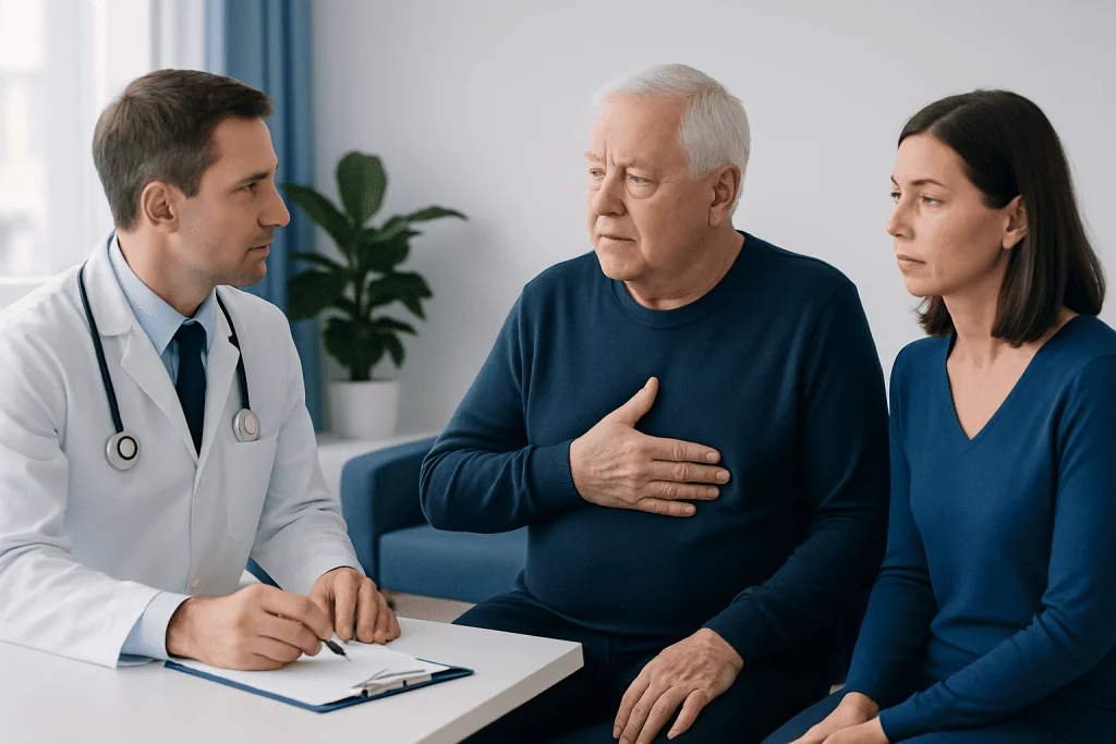 Doctor consulting with an elderly patient about heart health in a clinic setting.