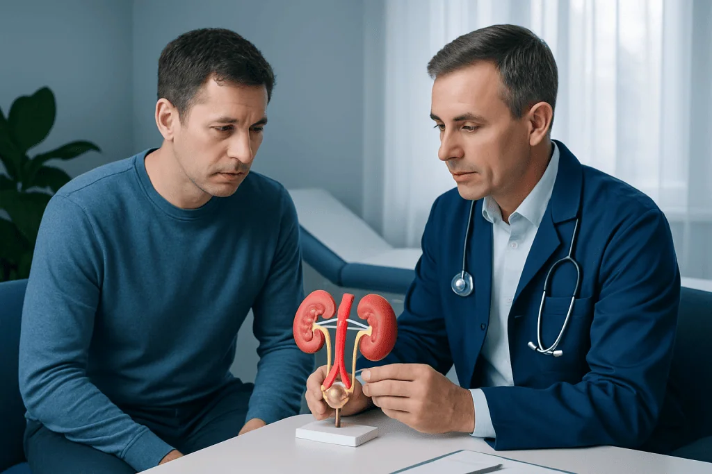 Doctor explaining kidney anatomy to patient in a consultation room.