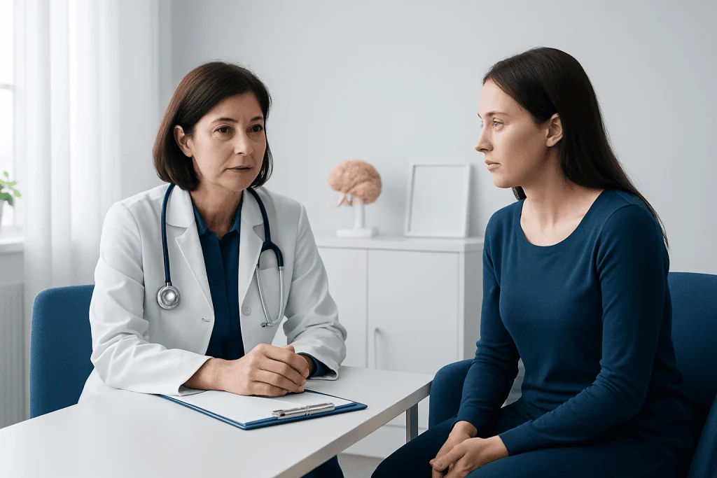 Doctor consulting with a patient about neurological health in a clinic setting.