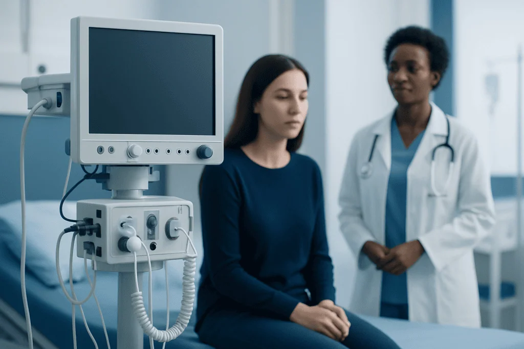 Doctor and patient in a hospital consultation room with medical equipment.