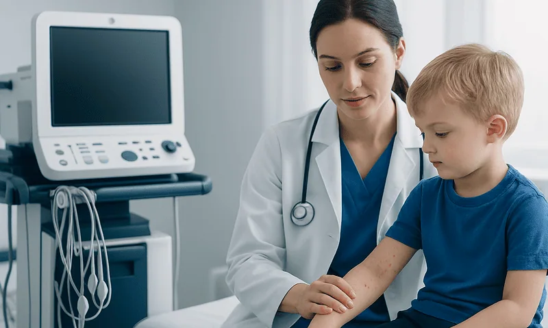 Pediatric doctor examining a young boy's arm in a clinic setting.