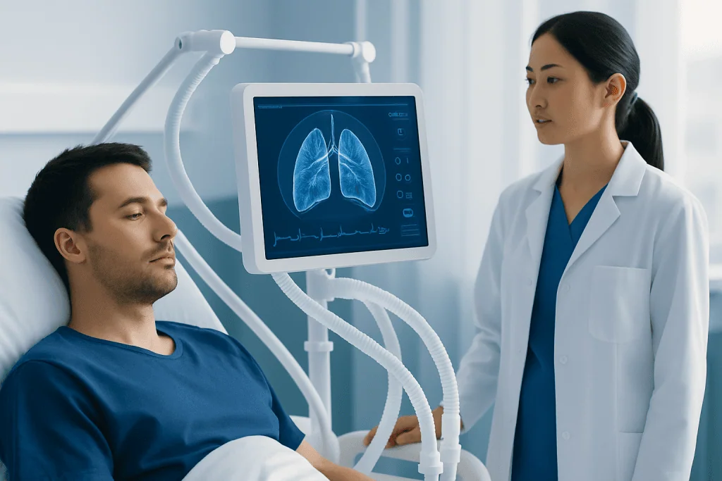Doctor reviewing lung scan with patient in hospital room.