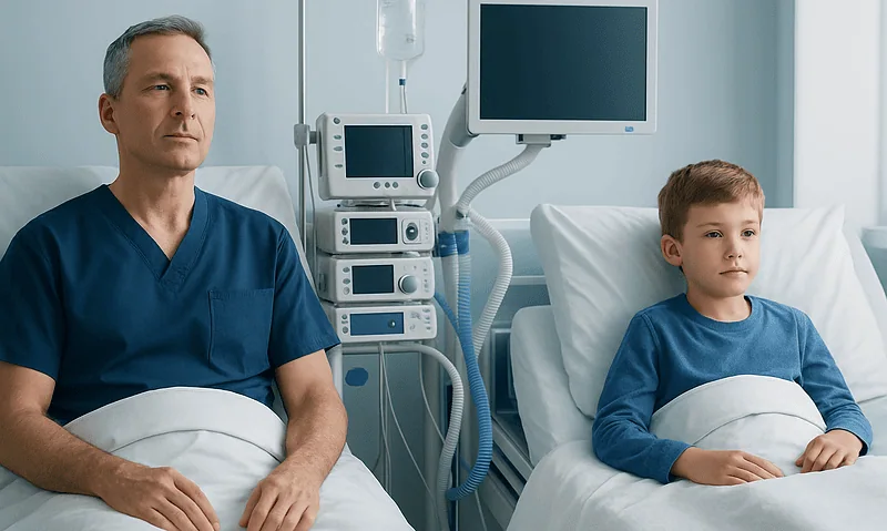 Doctor and young patient in hospital room with medical equipment.