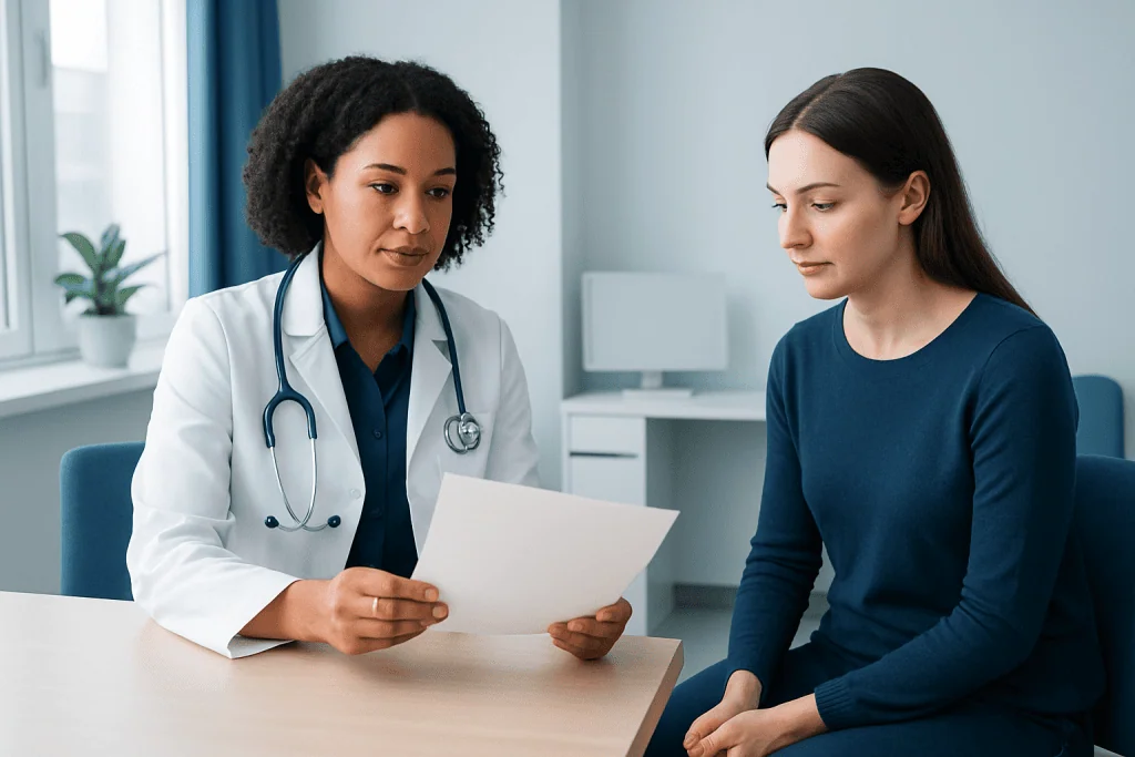 Doctor discussing lab test results with a patient in a medical office.