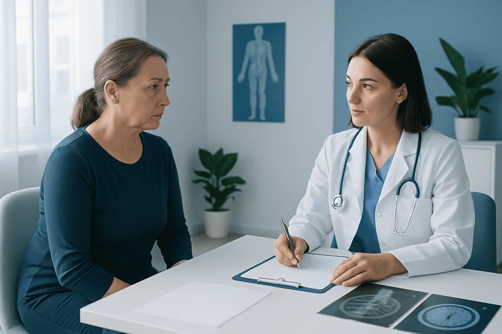Doctor explaining pre-surgery tests to a patient in a medical consultation room.