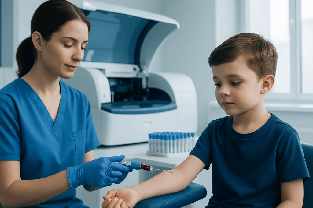 Pediatric blood test being performed by a healthcare professional in a clinical setting.