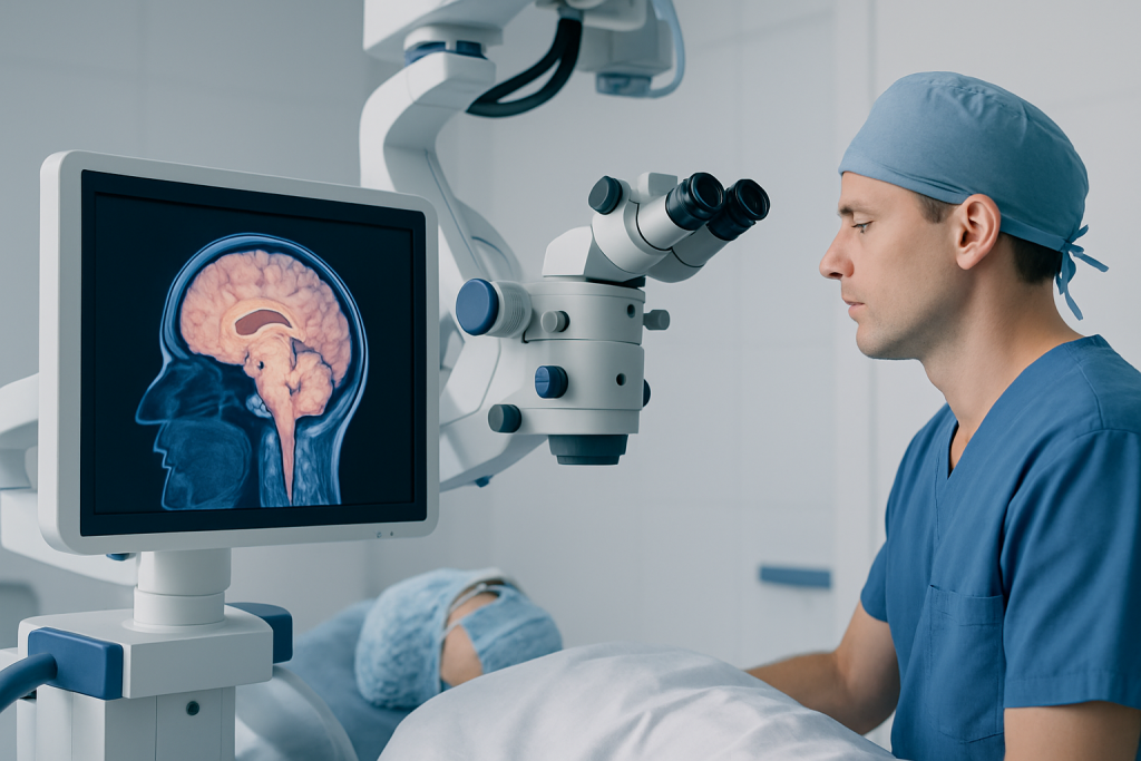Neurosurgeon examining brain scan during surgery at Acibadem Hospital.
