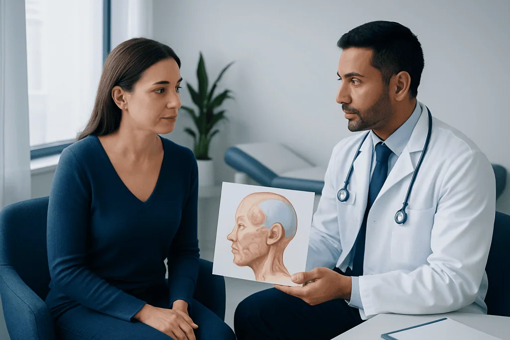 Doctor explaining facial anatomy to a patient with a skull diagram.
