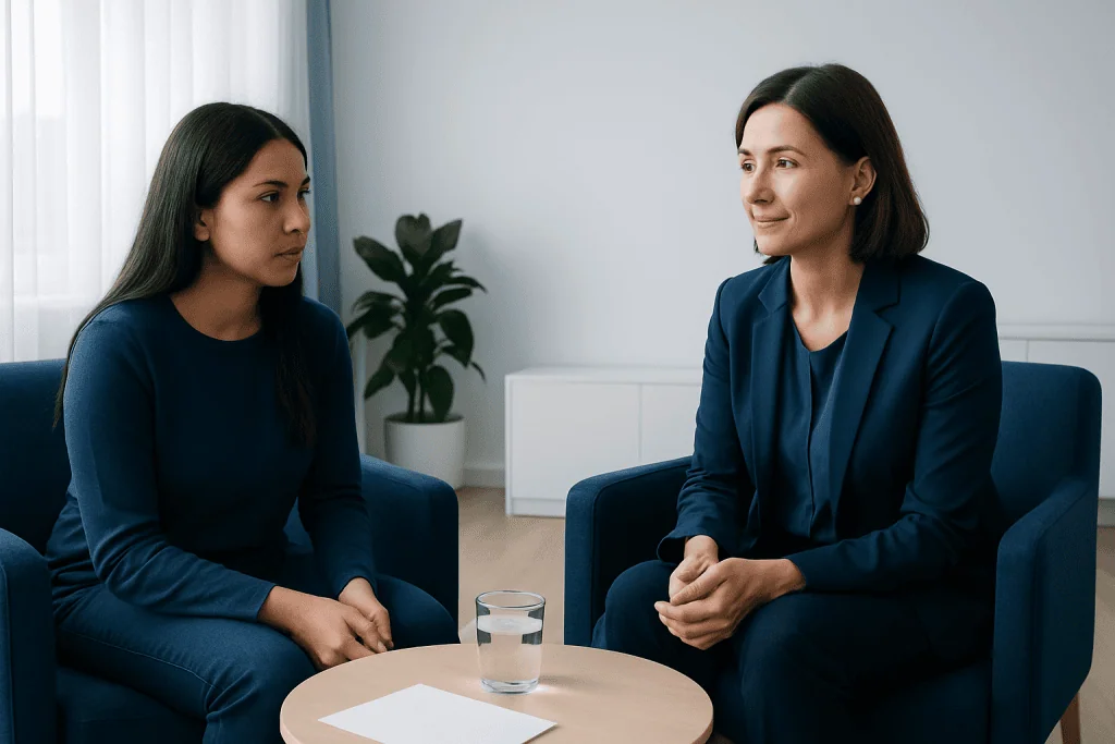 Therapist and patient in a counseling session at Acibadem Hospitals Group.