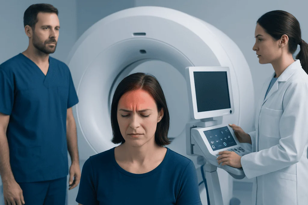Woman undergoing MRI scan with medical staff nearby at Acibadem Hospital.