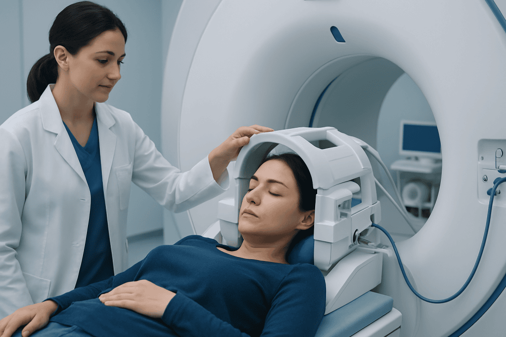 Medical professional preparing patient for MRI scan at Acibadem Hospital.